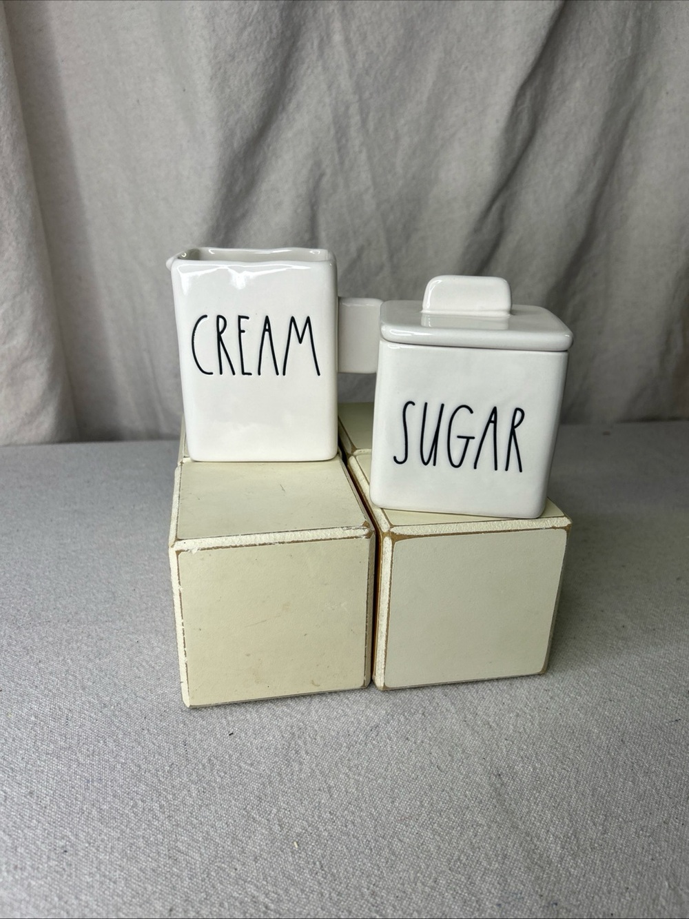 Rae Dunn White Ceramic Square  Cream Pitcher & Sugar Jar Set